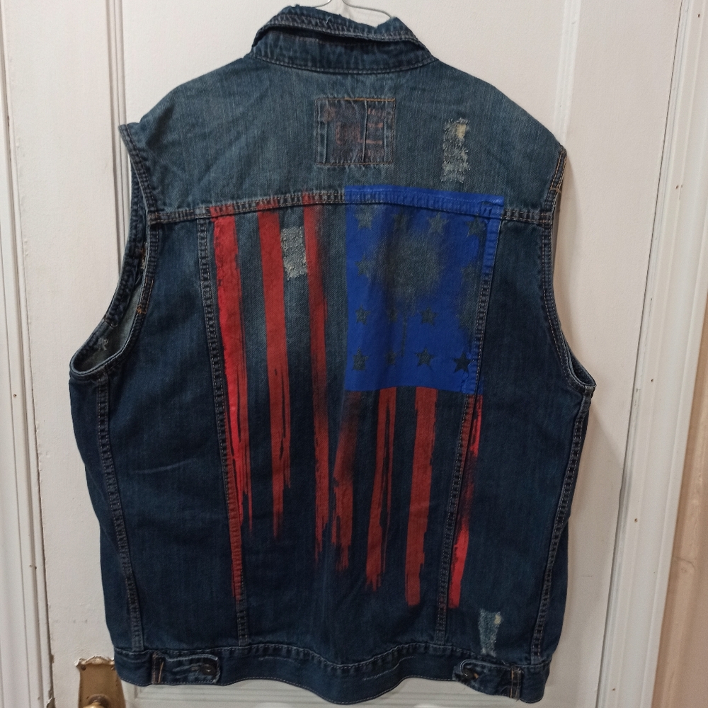 三USA flag  motorcycle man's denim Vests Plus Size XXL American Flag